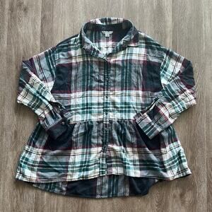 American Eagle Peplum Plaid Flannel Button Down Long Sleeve Shirt Small